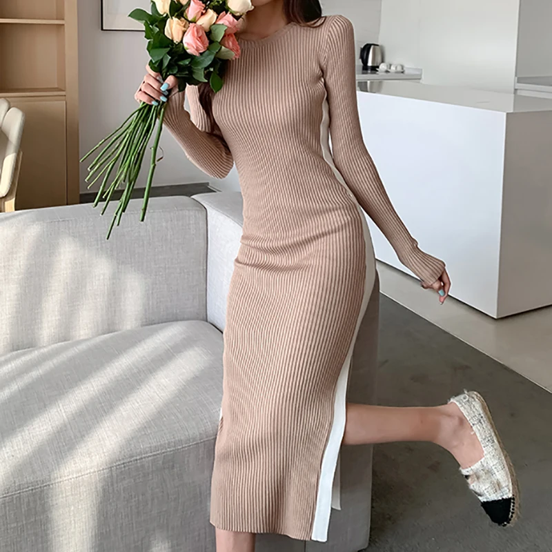 

Knitted Dress Womens Autumn New Slim O Neck Long Sleeve Mid-Calf Dresses Female Patchwork Solid Slit Casual Pullover Dress Femme