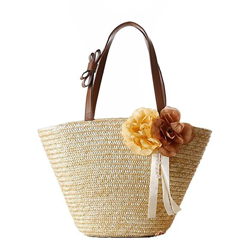 

NEW-Women Flower Bow Ribbon Handle Woven Beach Straw Shoulder Handbags(Primary Color)