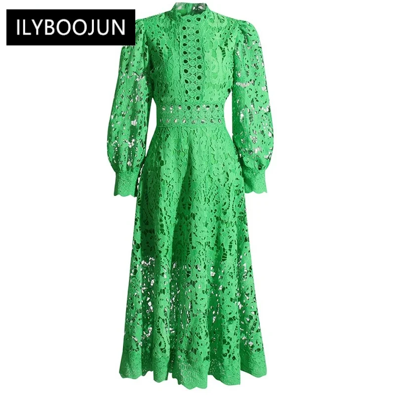 

Женское однотонное свободное платье средней длины, модельное роскошное платье с воротником-стойкой, длинным рукавом, высокой талией и кружевной вставкой, весна 2023