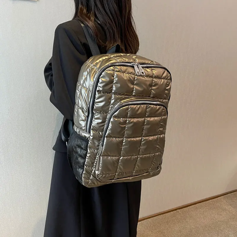 Winter Space Down Women's Backpack Checkered Backpack Large Capacity Schoolbag Quilted Plaid Female School Backpacks Bags Girls