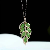 hot selling natural hand carved silver inlay golden branches and jade leaves necklace pendant fashionjewelry menwomen luck gifts