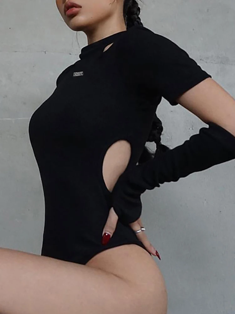 Женские облегающие боди Goth Dark Techwear готические черные топы с вырезами и