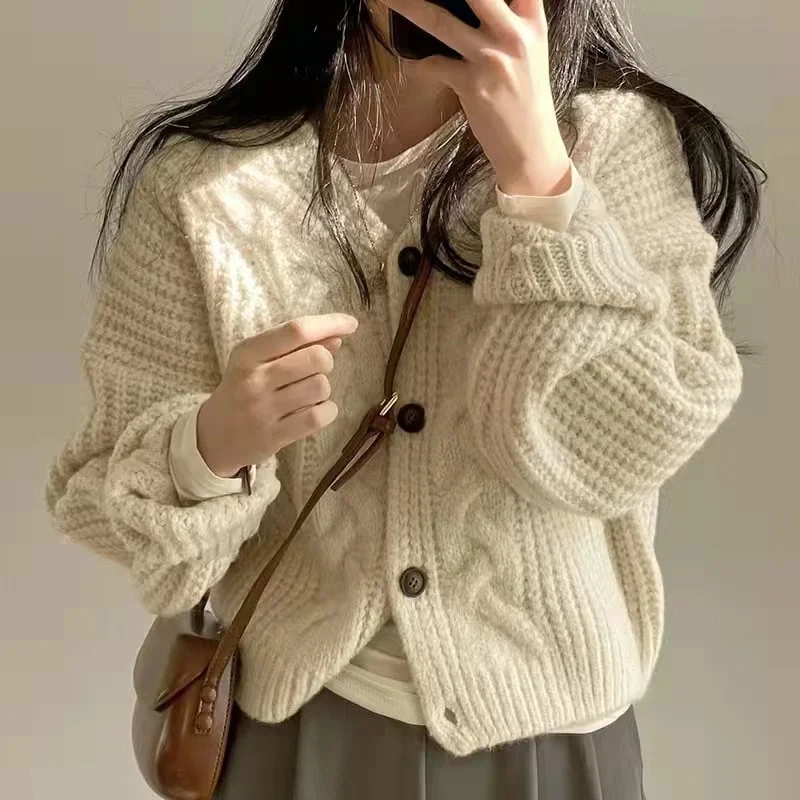 

Women Winter Autumn Retro Knitted Cardiagn Loose Coat Korean Single Breasted Sweater Casual Solid Cardigans Simple V Neck