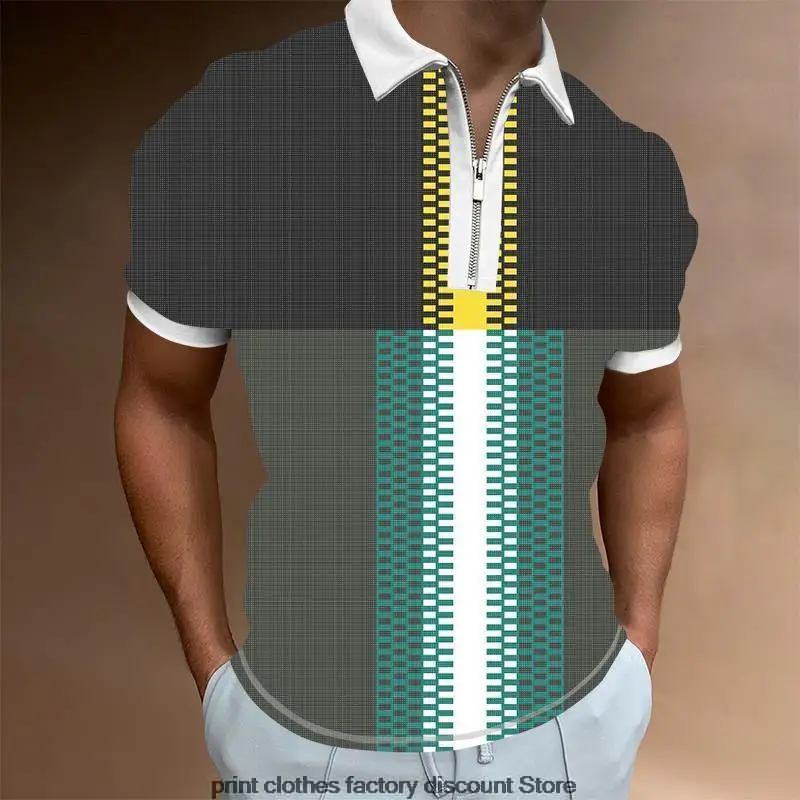 

Men Summer New Short Sleeve Tops Casual Slim Trend Tees 2022 Summer New Turn-over Collar Zipper Vertical Print Polo Shirt