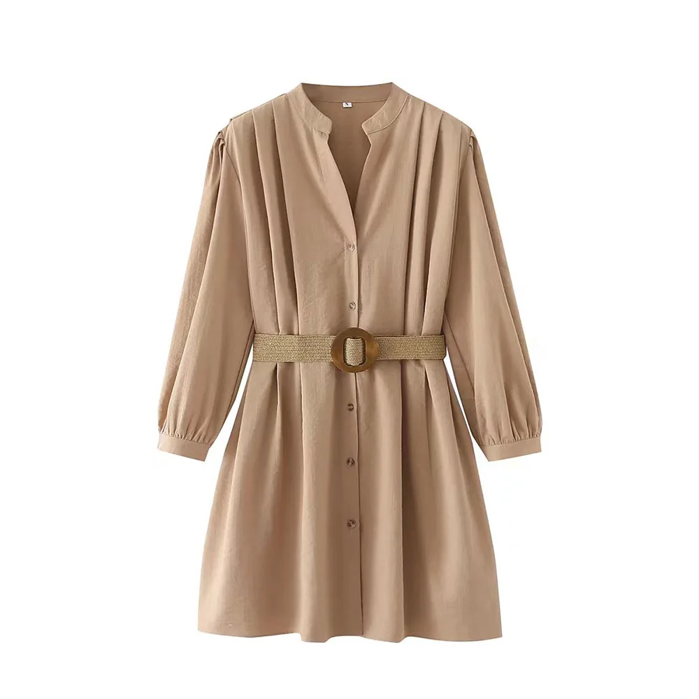 

ZATRHMBM Female Clothing NewFashion Long Sleeves Vintage V Neck Mini Dresses A-Shaped With Belt Button Shirt Style Casual Dress