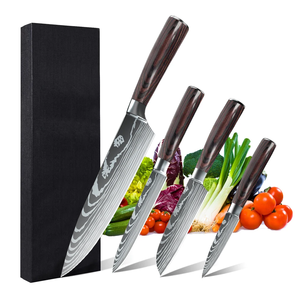 Набор кухонных ножей с дамасским узором профессиональный японский нож Santoku для