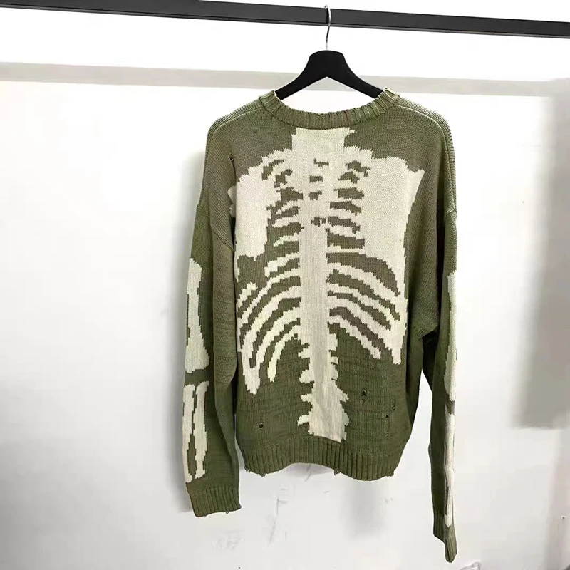 

Green KAPITAL Hole Damage Skeleton Bone Print Loose Sweater Men Women High Quality 1:1 Knitt Vintage Streetwear Sweater Pullover
