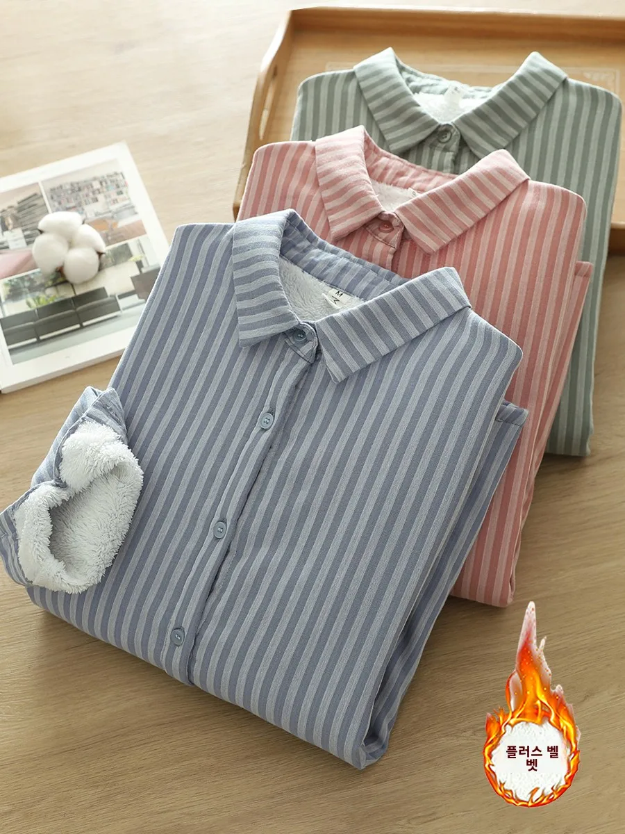 Заказы экспортируемые в Японию рубашки полоску на флисовой подкладке женские