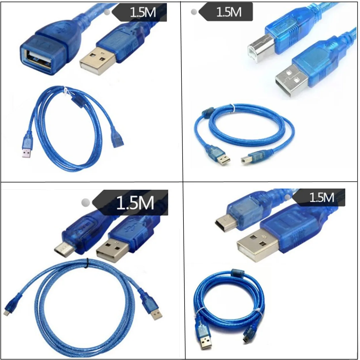

USB 2.0 Extension Print Cable 1.5M 10FT OHFC Copper Transparent Blue Wholesale Extended USB Cable for Printer HDD