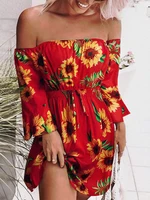 2022 leaf elastic waist off shoulder mini dress summer sunflower dresses for women sexy robe femme flare sleeve vestidos