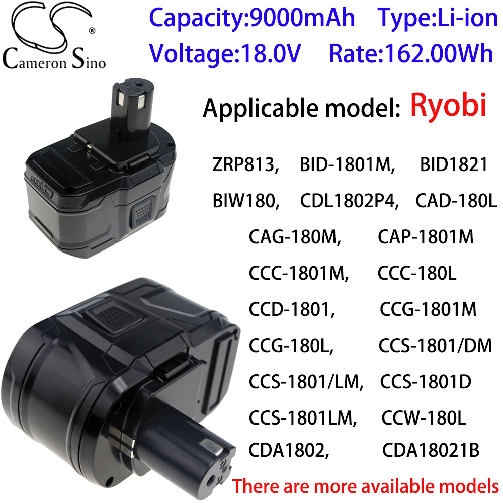 

Cameron Sino Ithium Battery 9000mAh 18.0V for Ryobi CHI-1802M,CHP-1802M,CHV-180L,CHV-18WDM,CID-1802M,CID-1803L,CHD-1801M