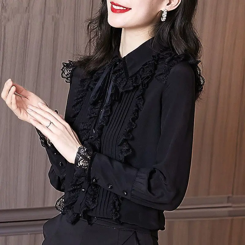 

Spring Spring Long Sleeve Lace Chiffon Base Shirt Top for Women 2023 New French Style Black Ruffle Collar Bow Blusas Mujer