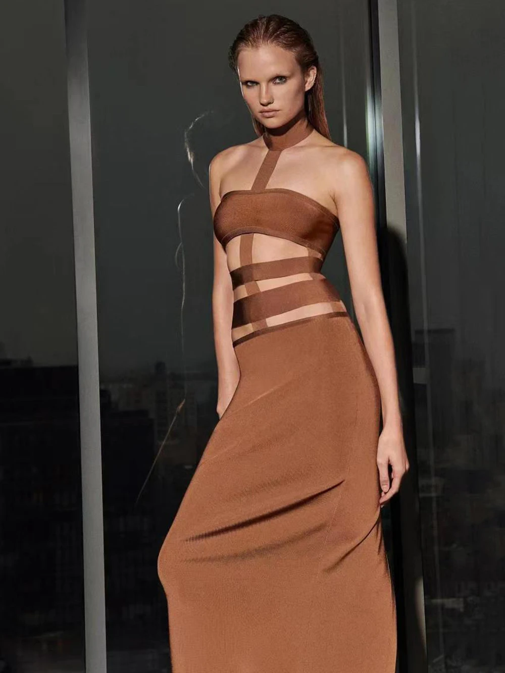 2023 Sexy Backless Brown Midi Bodycon Bandage Women Summer Hollow Out Sleeveless Celebrity Elegant Evening Party Dress Outfits