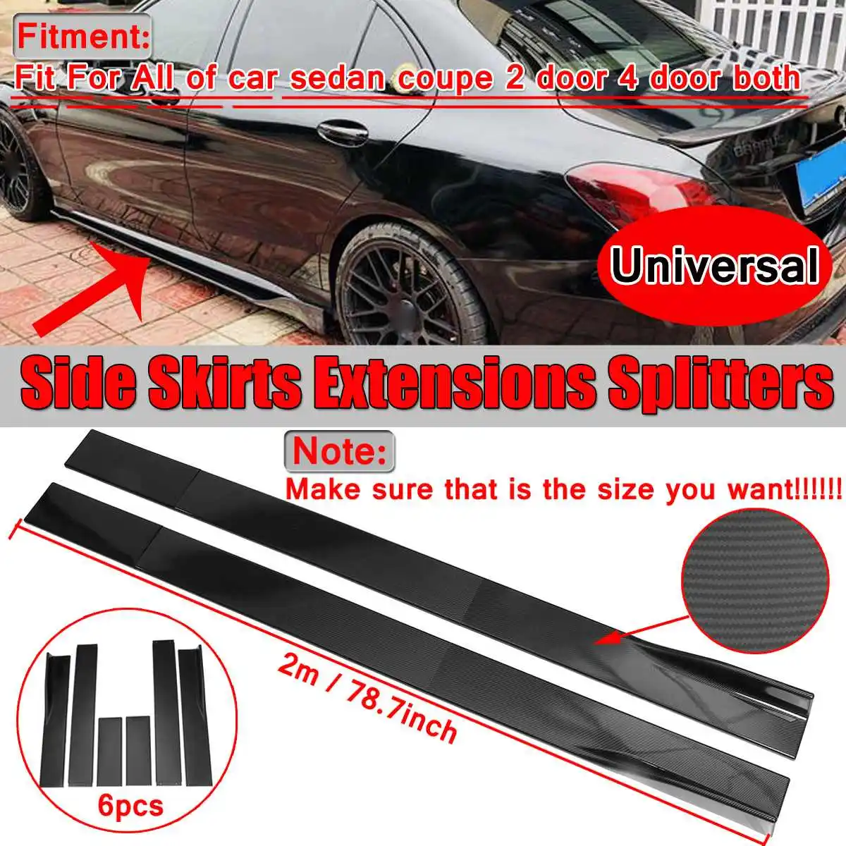 

6pcs 2m/2.2m Universal Car Side Skirts Winglet Extensions Splitters Body Apron Lip For BMW For Benz For Audi Carbon Look/Black