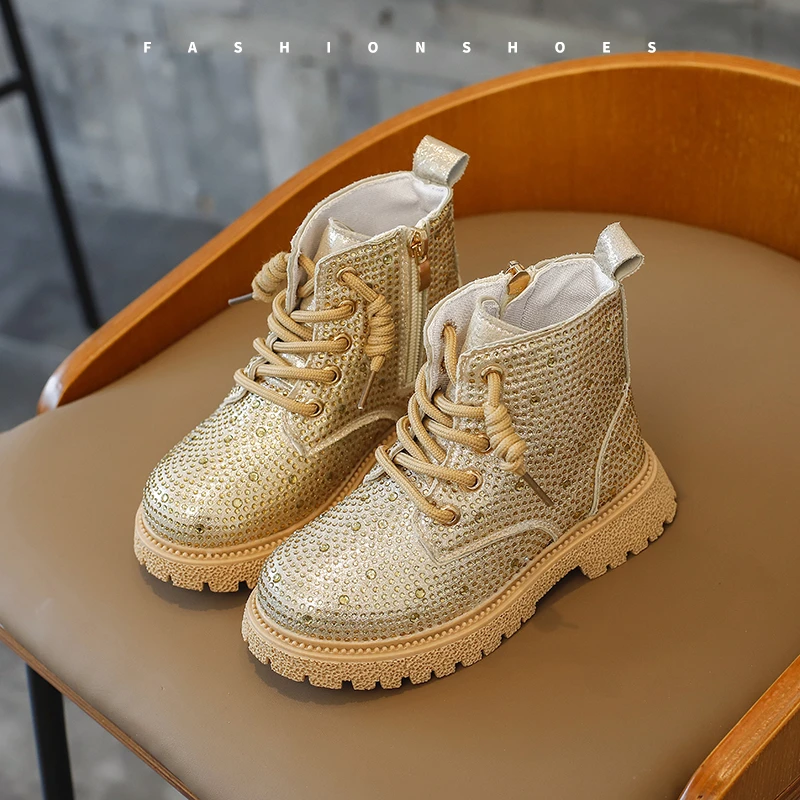 

Girls Martin Boots Shiny Rhinestone Children's New Kid's Short Boots Princess Single Non-slip Wear-resistant Leather Boots