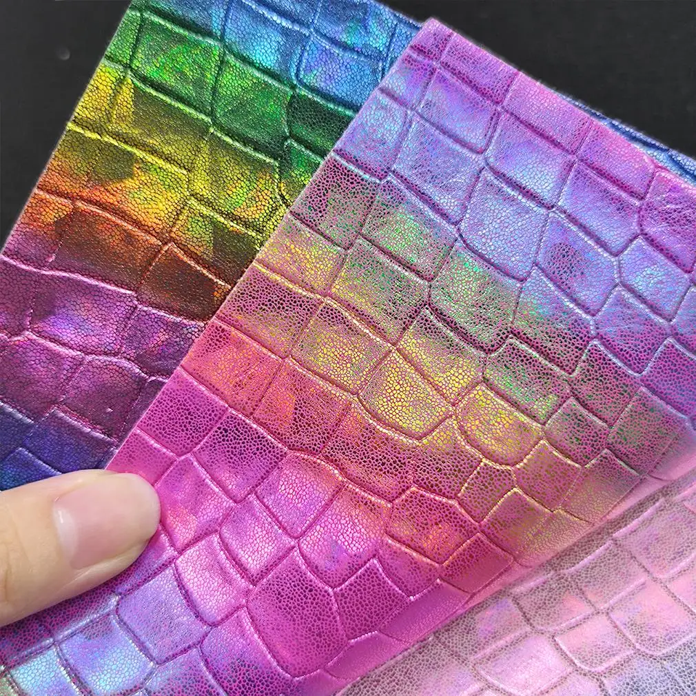 

46*135CM Rainbow Color Crocodile Embossed PU Faux Leather Fabric for Bow Crafts DIY Material Holographic Iridescent Leatherette