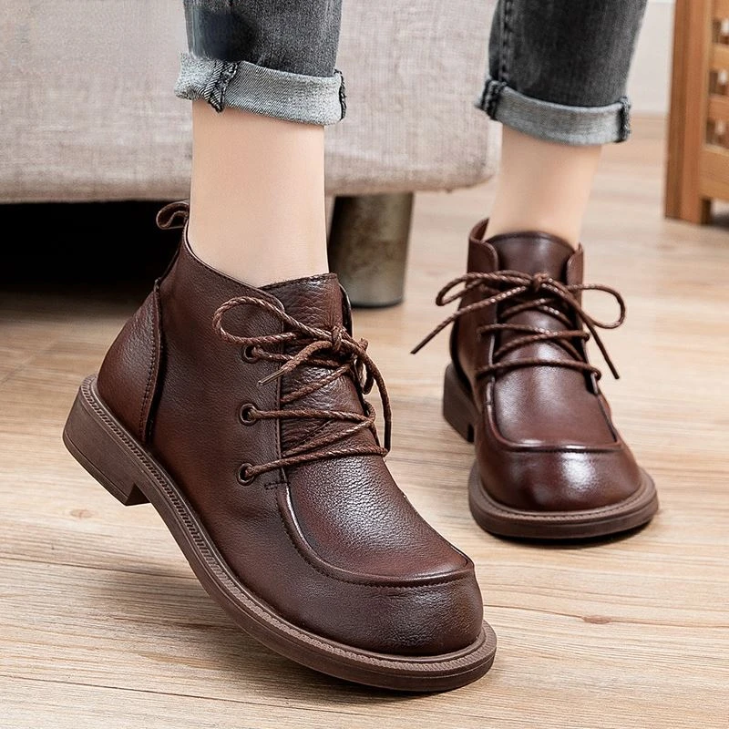 

Женские ботильоны из натуральной кожи, на плоской платформе, короткие ботинки, женская обувь, винтажные осенне-зимние ботинки