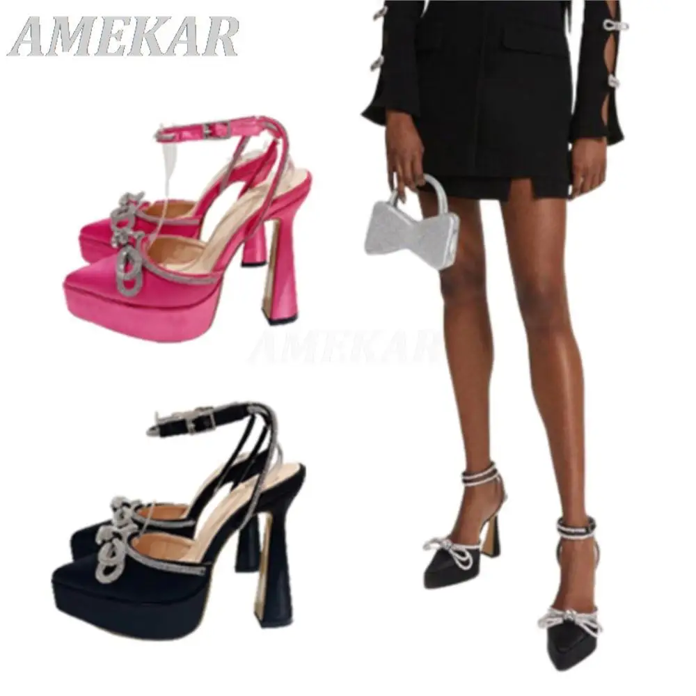 

Women's Runway Style Brand High Heels Fashion Butterfly-knot Crystal Pointed Toe Platform Pumps Lady New Party Prom Chunky Shoes
