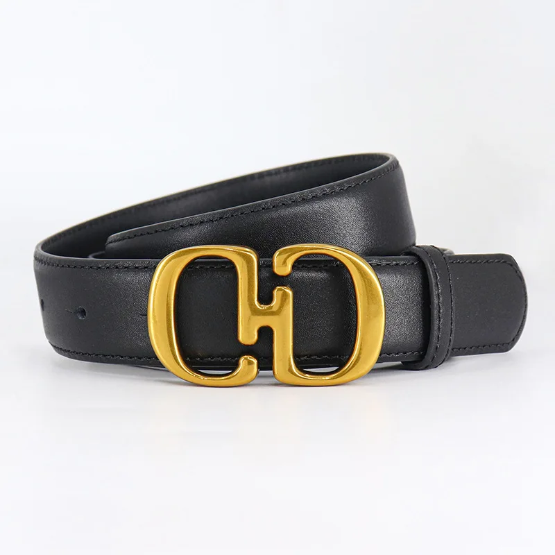 

2023 New Two Layers Cowhide Fashion Black Leather Belt Vintage Alloy CD Buckle Women Belt With Metal Letters Pants Accessories