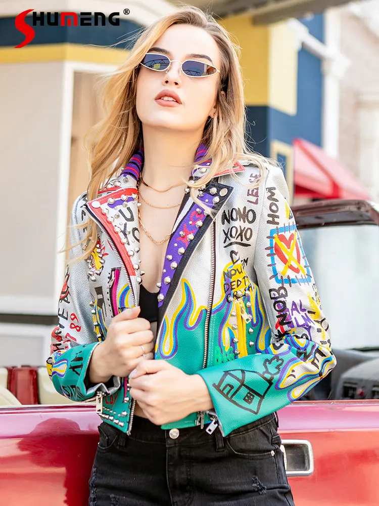 

Women's Autumn European Biker's Leather Jacket Fashion Punk Printing Contrast Color Rivets Long Sleeve Leather Jackets Female