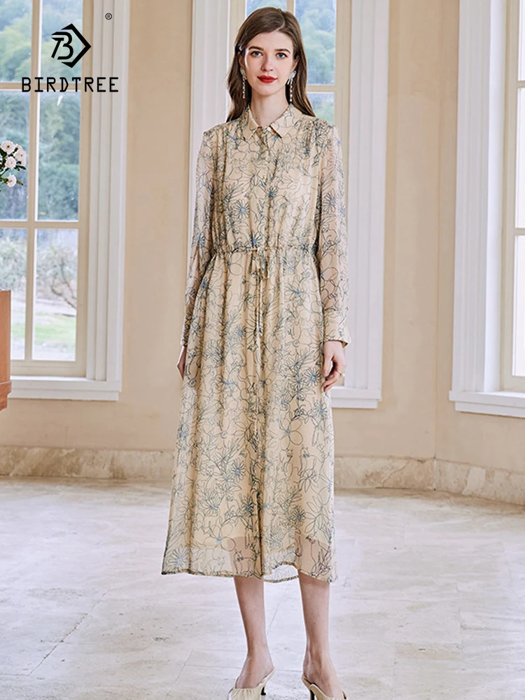 Birdtree 100%Real Silk Women Shirt Dresses Full Sleeve Belted Floral Maxi Dress 2023 Spring Summer Office Lady New D36749QC