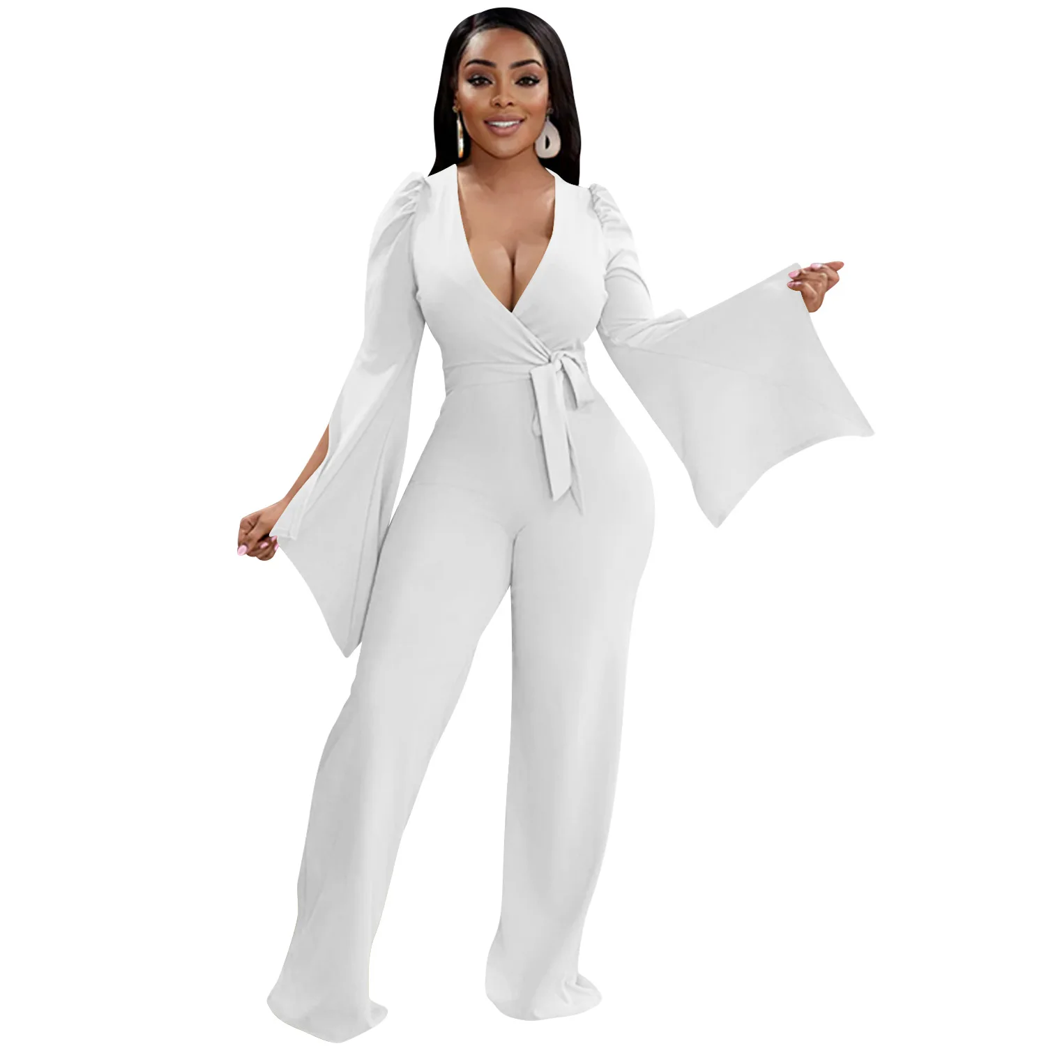 Casaul Women Jumpsuit Deep V-neck Flare Sleeve Solid Color Sportwear Playsuit Long Romper Women Jumpsuit Overalls