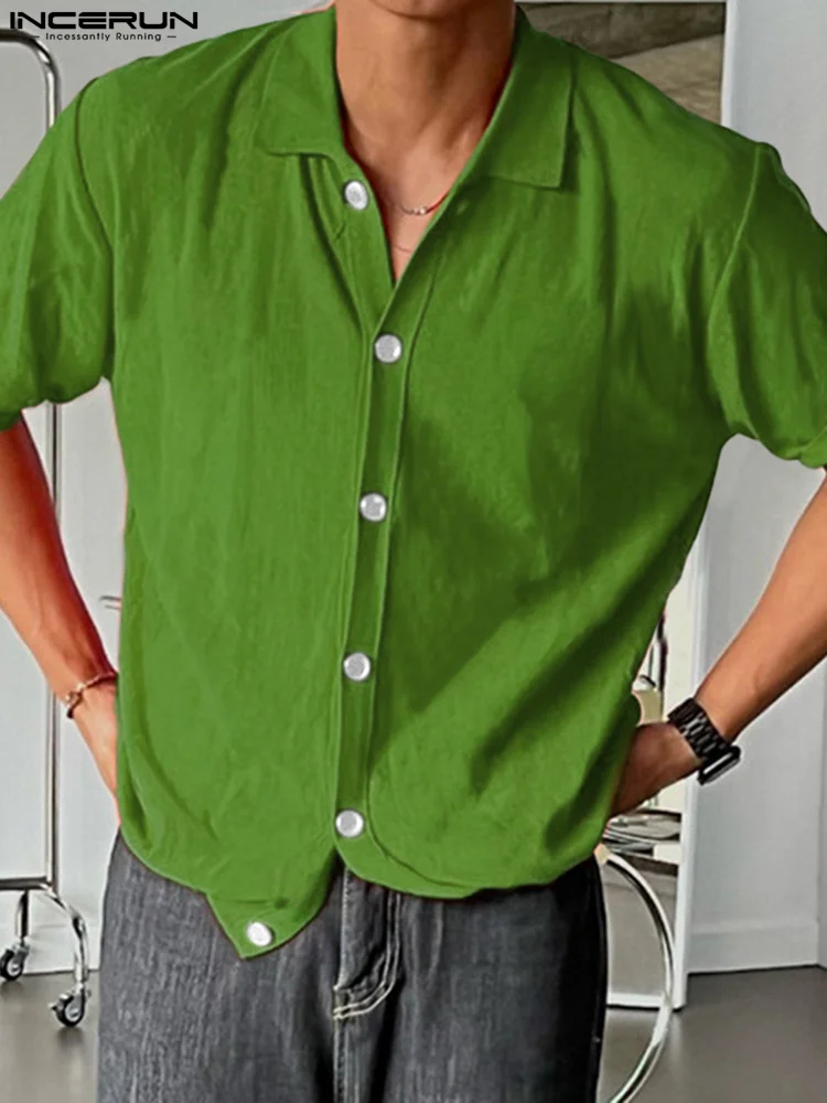 Fashion Casual Style Tops INCERUN Men's Diamond Textured Blouse Stylish Male Solid All-match Knitted Short-sleeved Shirts S-5XL