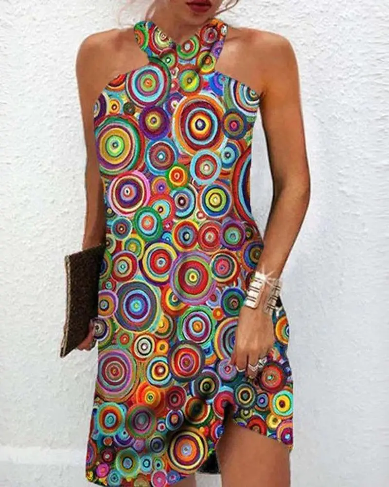 

Geometric Print Cross Halter Casual Dress Chic Fashion Summer Daily Form-fitting High Style Casual Sleeveless Halter