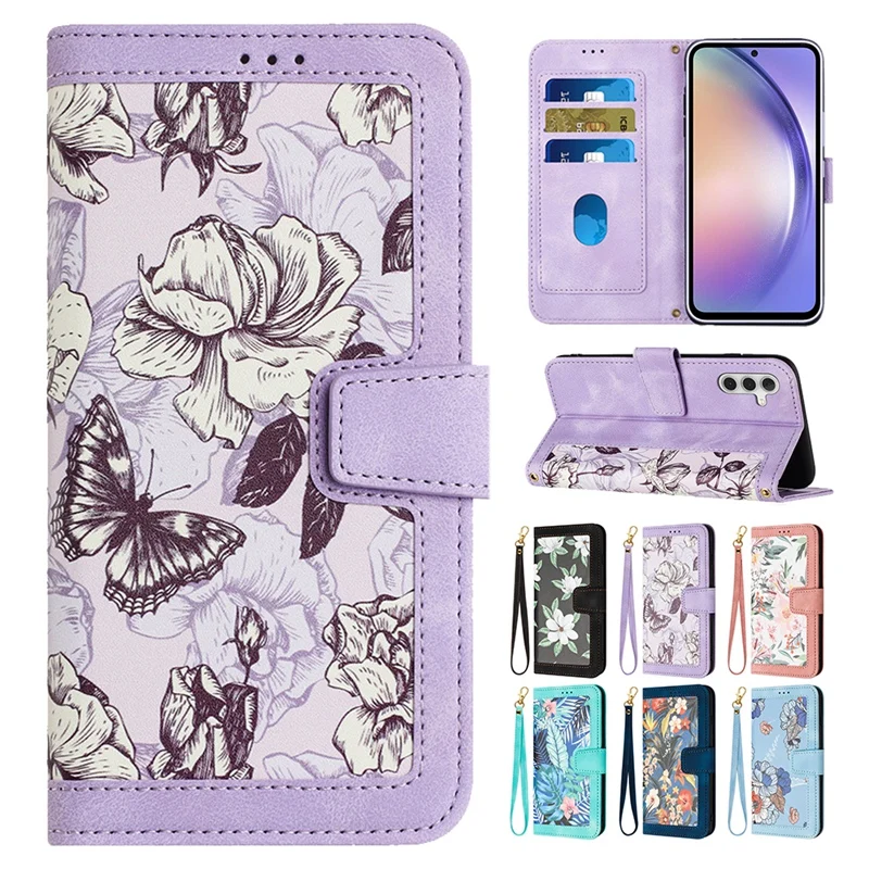

Floral Printed Wallet Case for Samsung Galaxy A13 A14 A23 A34 A54 A33 A53 S23 S22 S21 Lanyard Card Slots PU Leather Flip Cover