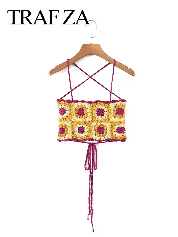 

TRAF ZA Retro Camisole Women's Tube Top Lacing Weave Flower Backless Straps Cross Slim Sexy Short Exposed Navel Summer T-Shirt