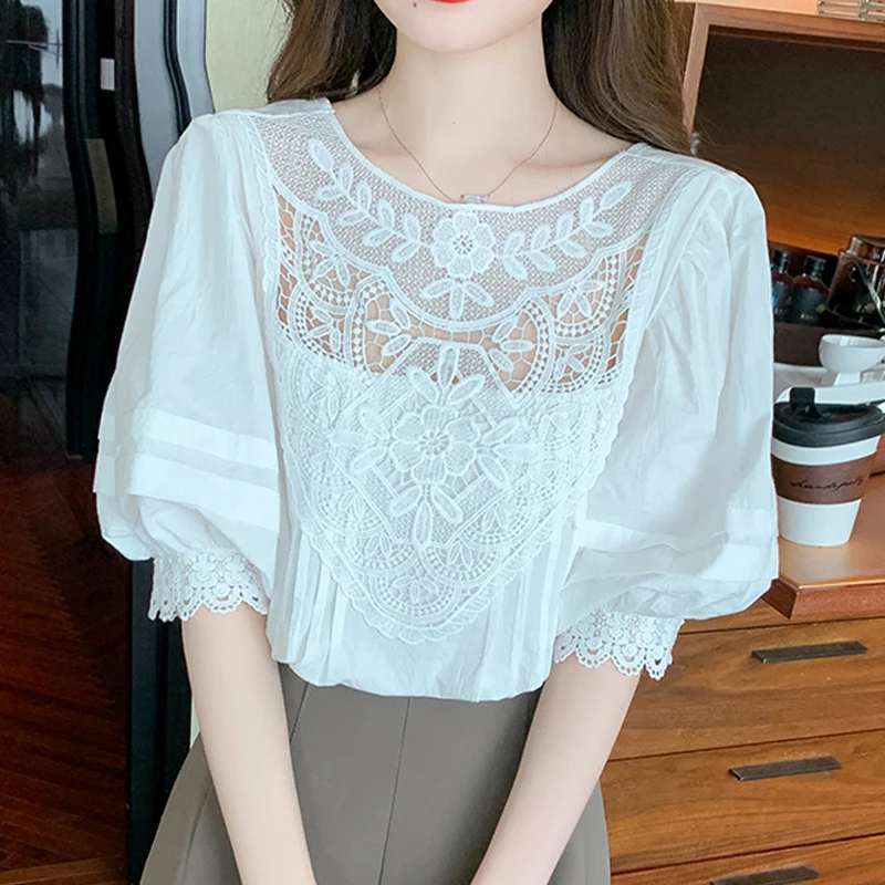 

2023 Stylish Sexy Hollow Lace Shirt Summer Women Short Sleeve Vintage Woman Blouse Casual Elegant White Shirts 27448