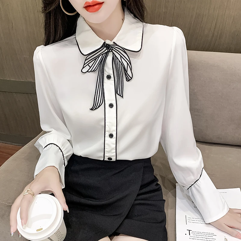 

Chiffon Loose Women's Blouses New Fashion Shirts Solid Color Bow Tie Top Autumn Casual Long Sleeve Clothing