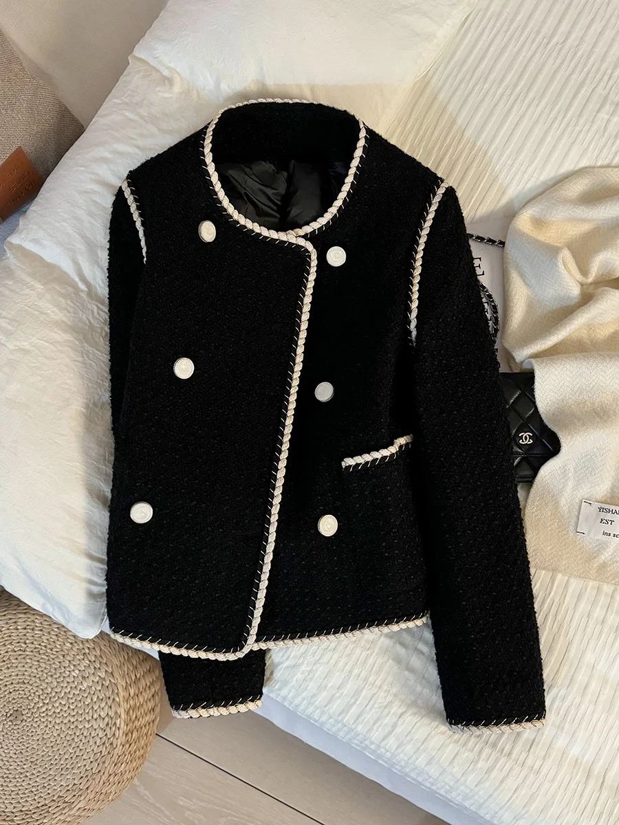 Черное твидовое изящное короткое пальто в стиле преппи для женщин новинка 2024