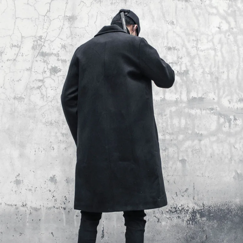 Мужское шерстяное пальто до колен PFNW черное однобортное утепленное с