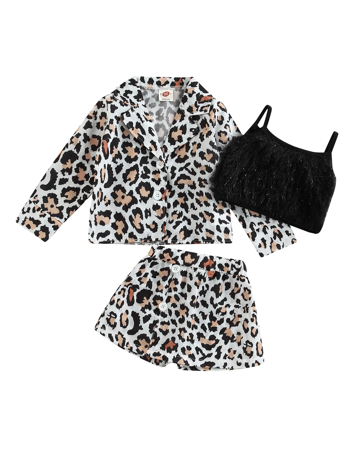 

Little Kids Girls Skirt Set Leopard Print Long Sleeve Jacket with Skorts and Camisole for Casual Daily