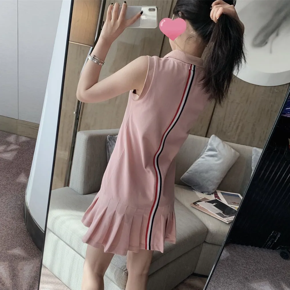 

High Quality Korean Style Summer Tb Sleeveless Dress Womens Back Ribbon Slim Ice Silk Knit Vest Pleated Skirt