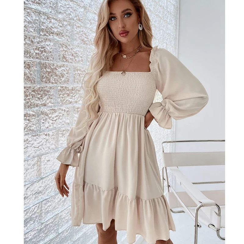 

Women Elasticity Dress Ruffle High Waist Tight A-line Dress 2022 Pullover Square Collar Long Sleeve Ruffled Dresses
