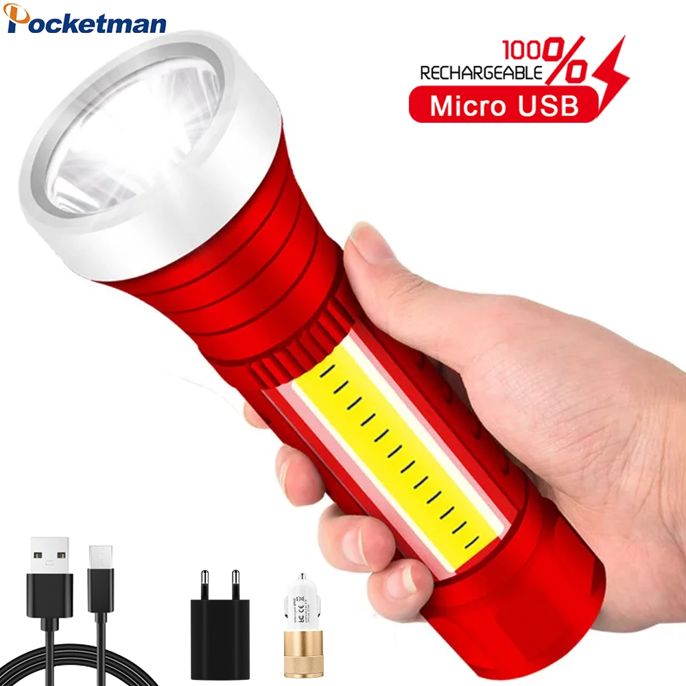 

Powerful LED Flashlight Portable 4 Modes USB Rechargeable Flashlight Waterproof Torch with COB Side Light and Built-in Battery