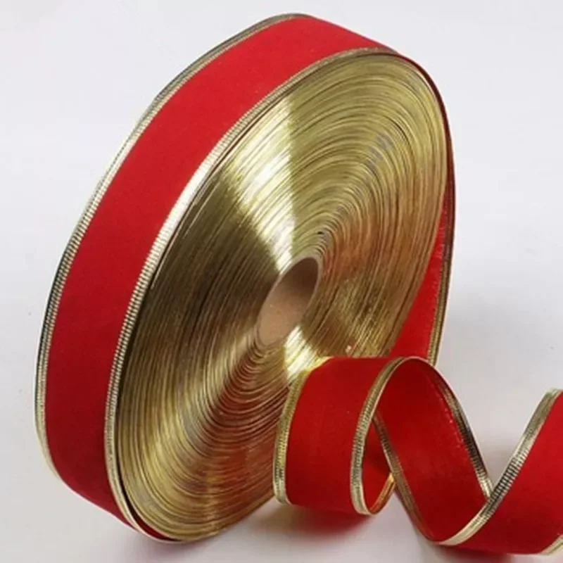 

100Yards 2'' (50mm) Christmas Ornament Red Velvet Golden Edge Ribbons With Wire On side Ribbon DIY Decorative Accessorie