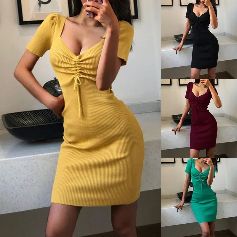 

Women's Dress Short Skirt Sexy Square Collar Mid Waist Fashion Drawstring Tight Fitting Hip Wrap Short Sleeve Summer Tenafeicc