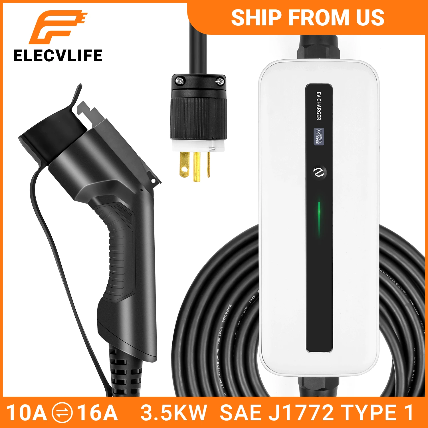 

EV Car Charger Portable Charger For Electric Vehicle J1772 Type 1 Cable 10/16A 3.5KW Level 2 NEMA 6-20 EV Charging Box EVSE