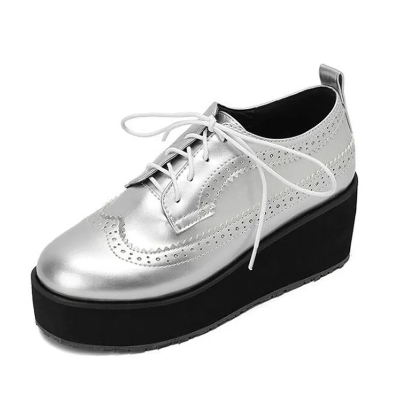 

British Style Oxfords Shoes For Women's Wedge Heel Round Toe Lace Brogue Carved Small Leather Shoes Muffin Loafers Big Size 43
