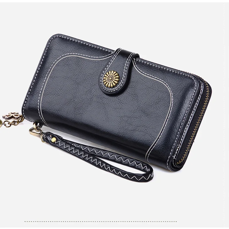 Free Custom Name Oil-Waxed Leather Wallets for Women Fashion Zipper Handbag Multi-Cards Ladies Coin Purse Gift Idea Phone Bag