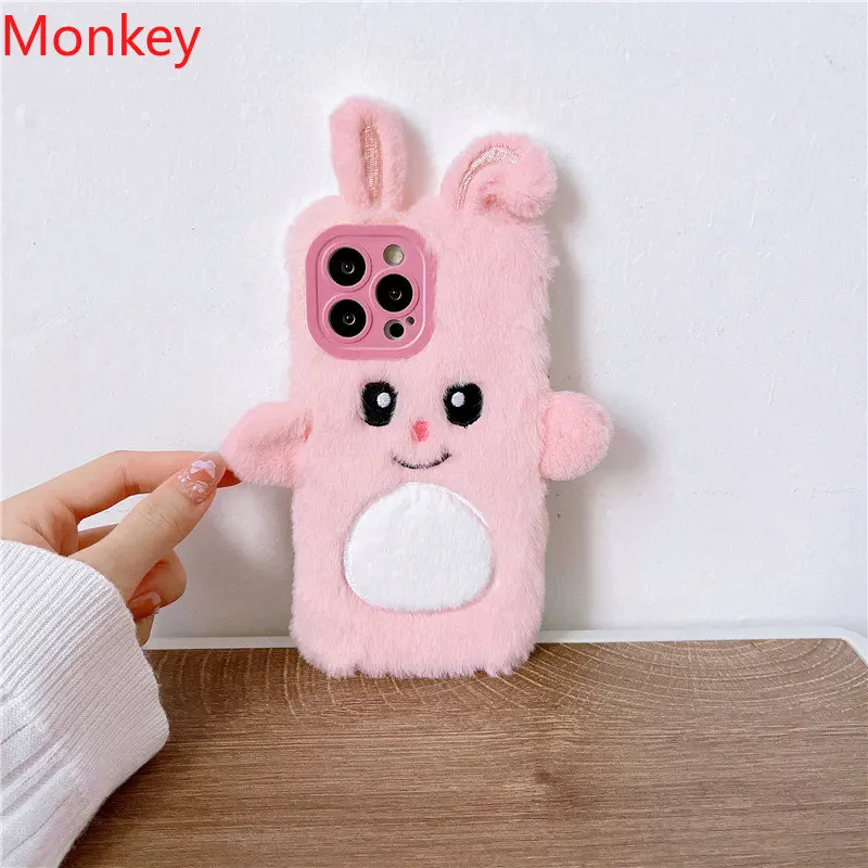 

Cute Cartoon Rabbit Shockproof Phone Case For Funda iPhone 11 12 13 14 Pro XS Max X XR 7 8 Plus Winter Warm Fur Soft Plush Cover