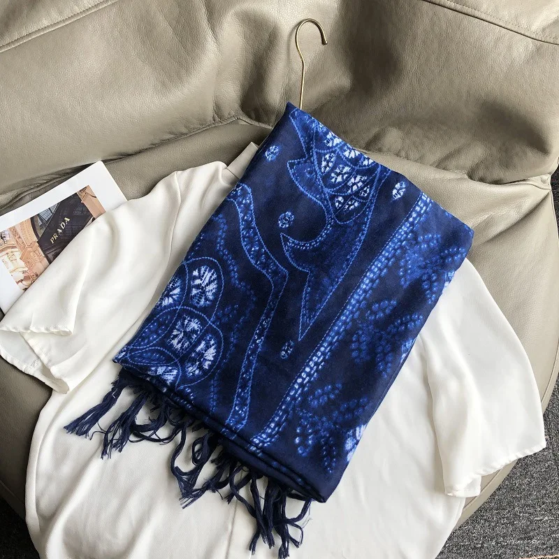 

New National Style Tie-Dyed Blue and White Porcelain Series Face Amen Scarf Mori Girl Travel Shawl Artistic Accessories