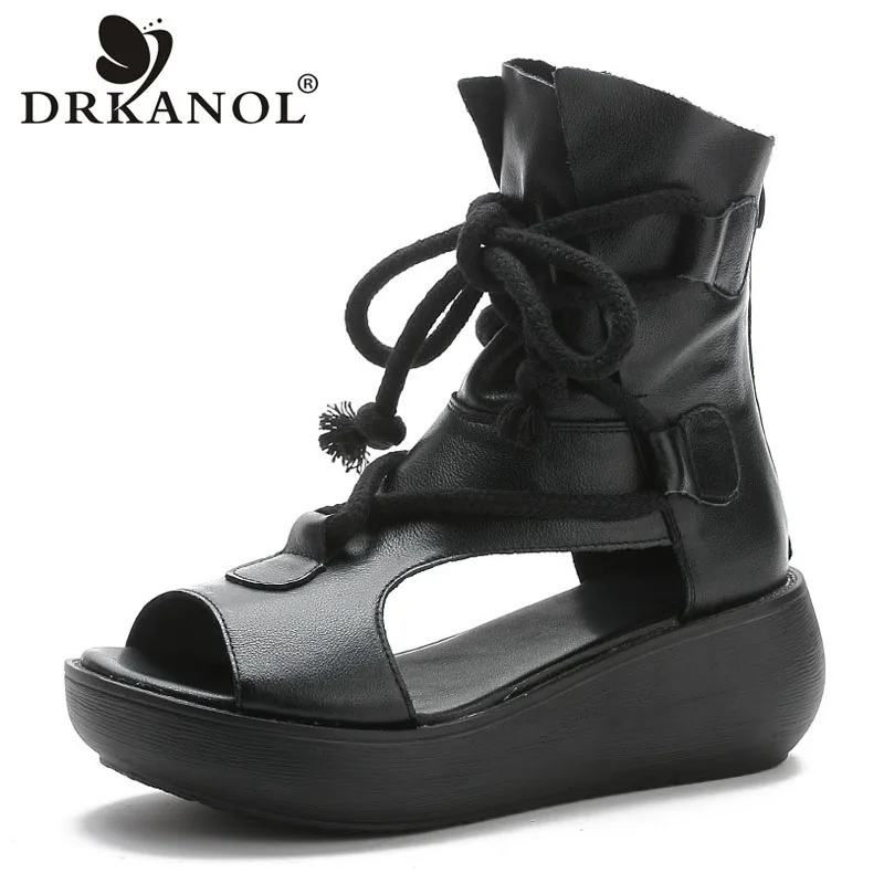 

DRKANOL Fashion Platform Sandals Women Wedges Open Toe Genuine Leather Gladiator Sandals Summer Back Zipper Open Toe Cool Boots