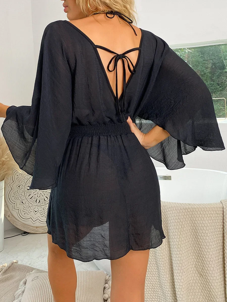 Сетчатая шифоновая туника с v-образным вырезом и длинными рукавами пляжная