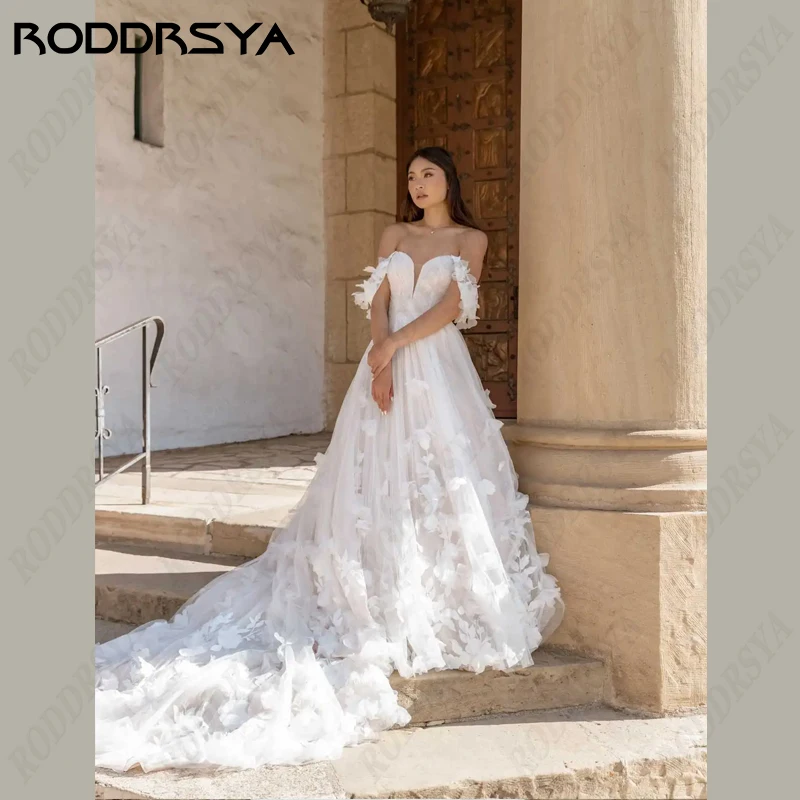 

RODDRSYA Off Shoulder Wedding Dress For Women Princess Lace Bridal Gown Illusion Zipper Back Bride Party Sweetheart Applique