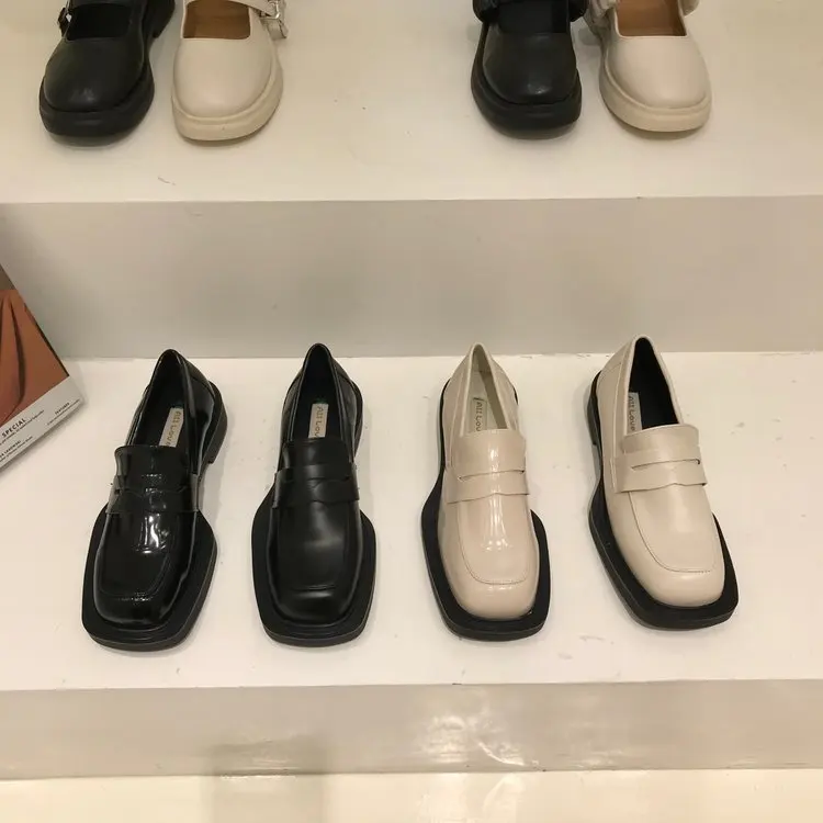 

Shoes For Women 2022 Spring Pumps British Style Chunky Heel Platform Loafers PU Patent Leather SquareToe Women Black Beige Shoes