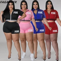 fagadoer casual zipper tracksuits women pink letter print zip crop top skinny shorts two piece sets plus size matching outfits